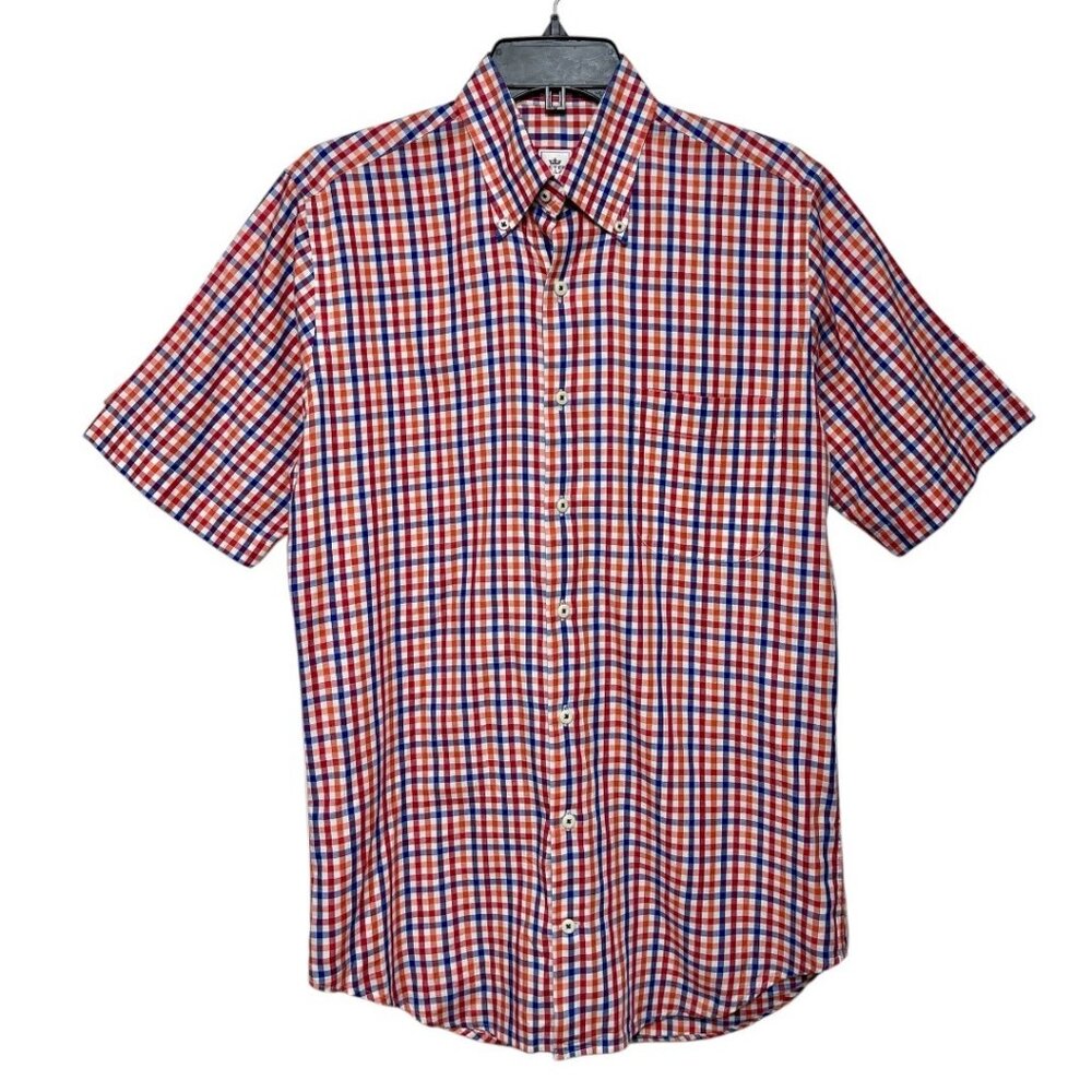 Peter Millar Red Blue & White Plaid‎ Short Sleeve Button-Down Shirt Small Cotton